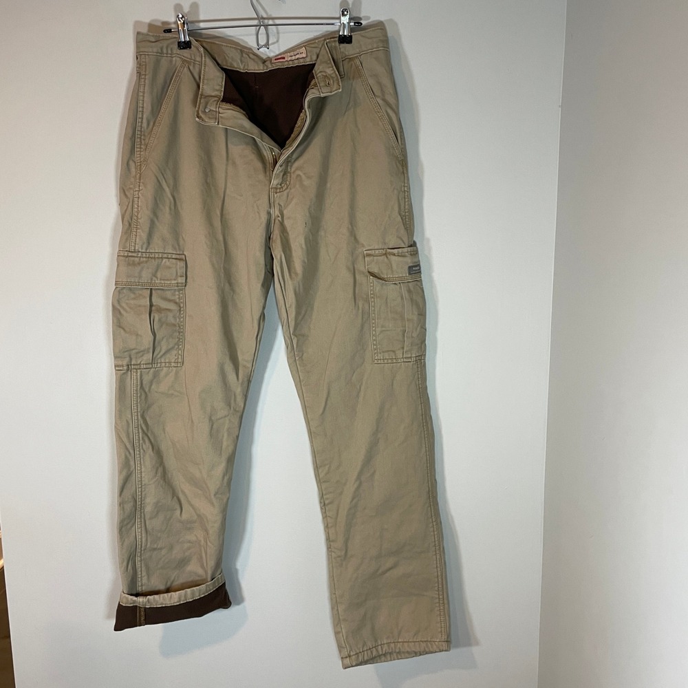 Wrangler Fleece Lined Cargo Pants‎ Mens 34x34 Khaki Tan Workwear Relaxed Fit